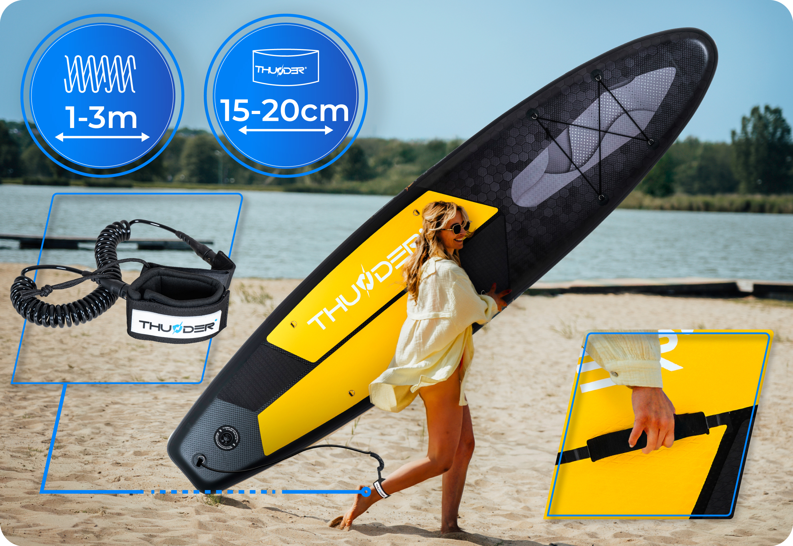 Longue planche de SUP sur l’eau avec pratiquant debout