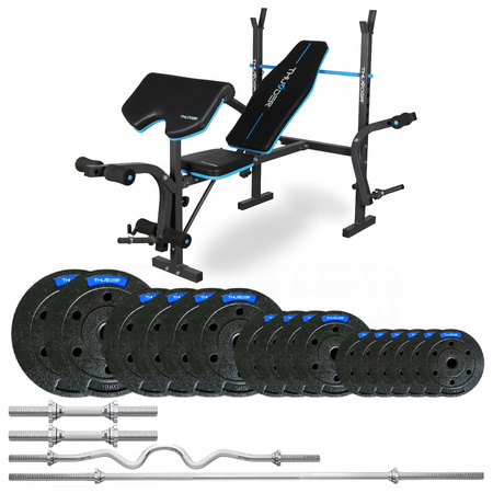 Ensemble de musculation 57,5 kg avec banc VIGOR-A de la marque THUNDER et barre EZ fortement courbée (précommande 17.12)